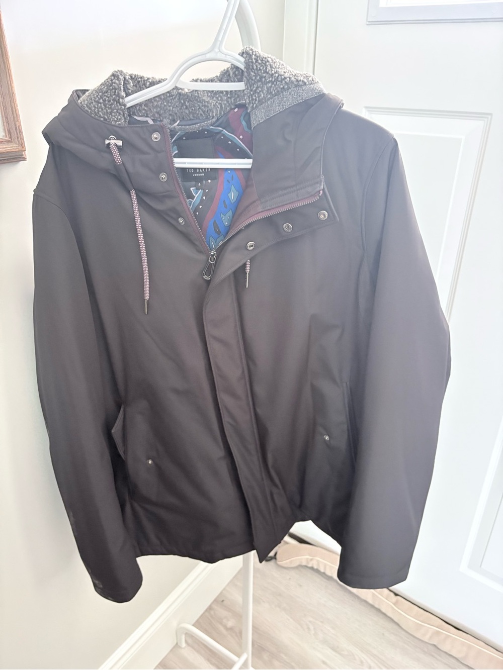Ted Baker London Men's Hooded Raincoat in Dark Brown with Sherpa Lining